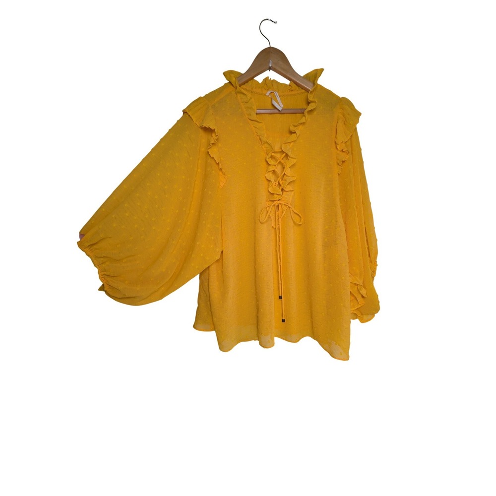 Anthropologie Haida Peasant Blouse Womens XL Yellow Swiss Dot Lace Up Ruffle Top